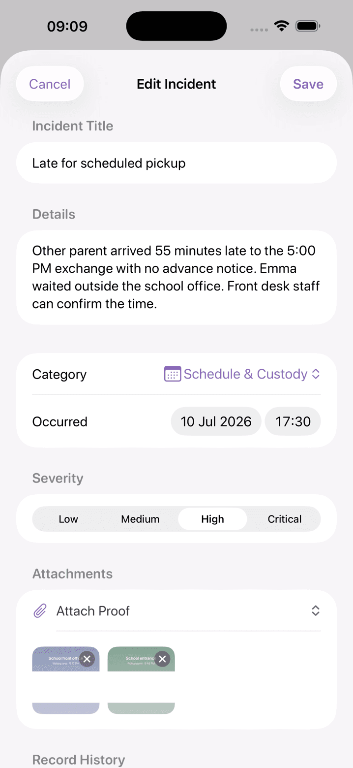 Oya Shield capture form: logging an incident with title, category, severity, and photos