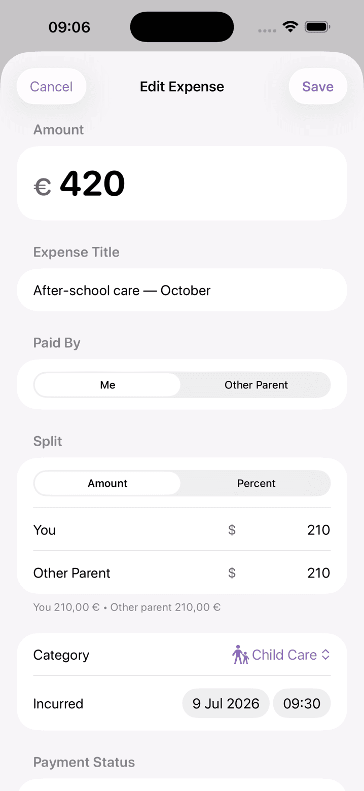 Oya Shield expense screen: amount, who paid, and the split between parents by amount or percent