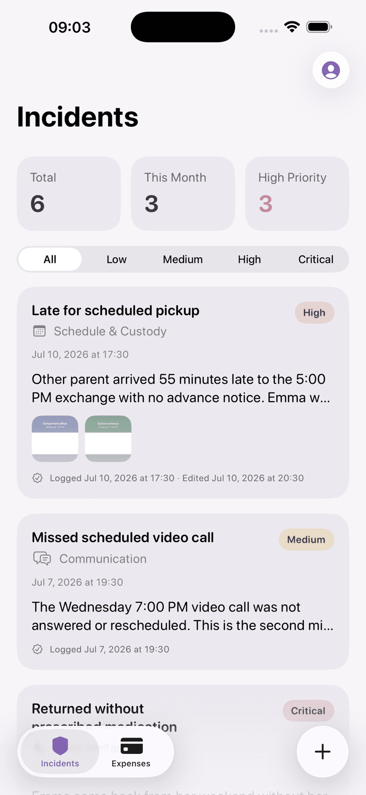 Oya Shield incidents screen: totals, severity filters, and timestamped incident cards