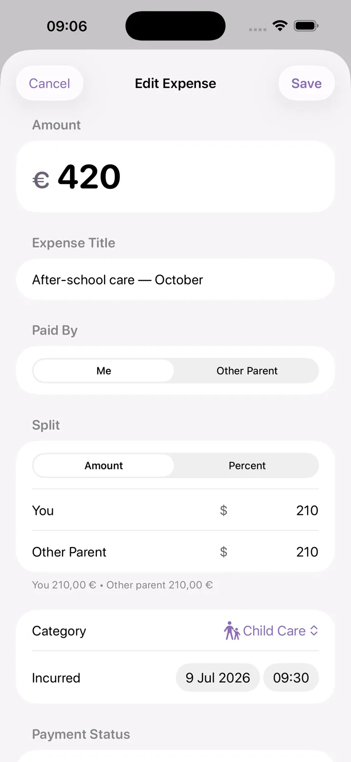 Logging a shared expense in Oya Shield: amount, who paid, and the split between parents by amount or percent