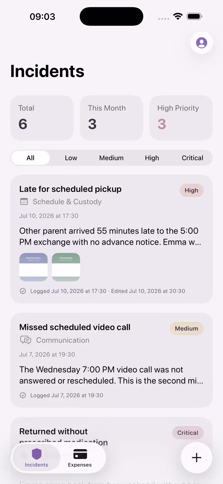Oya Shield incidents screen: totals, severity filters, and timestamped incident cards