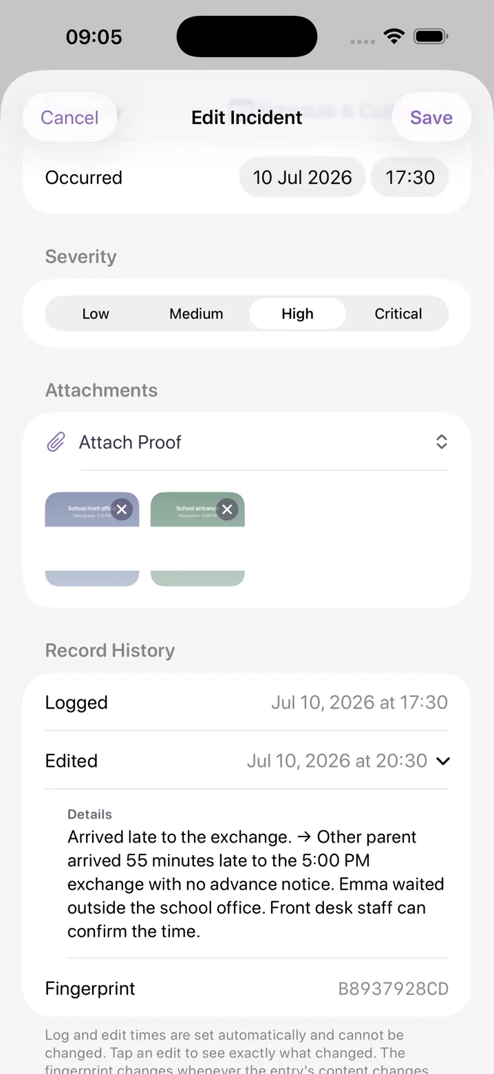 Oya Shield Record History: logged and edited timestamps, exactly what changed in the amendment, and a fingerprint so exports can be compared for tampering