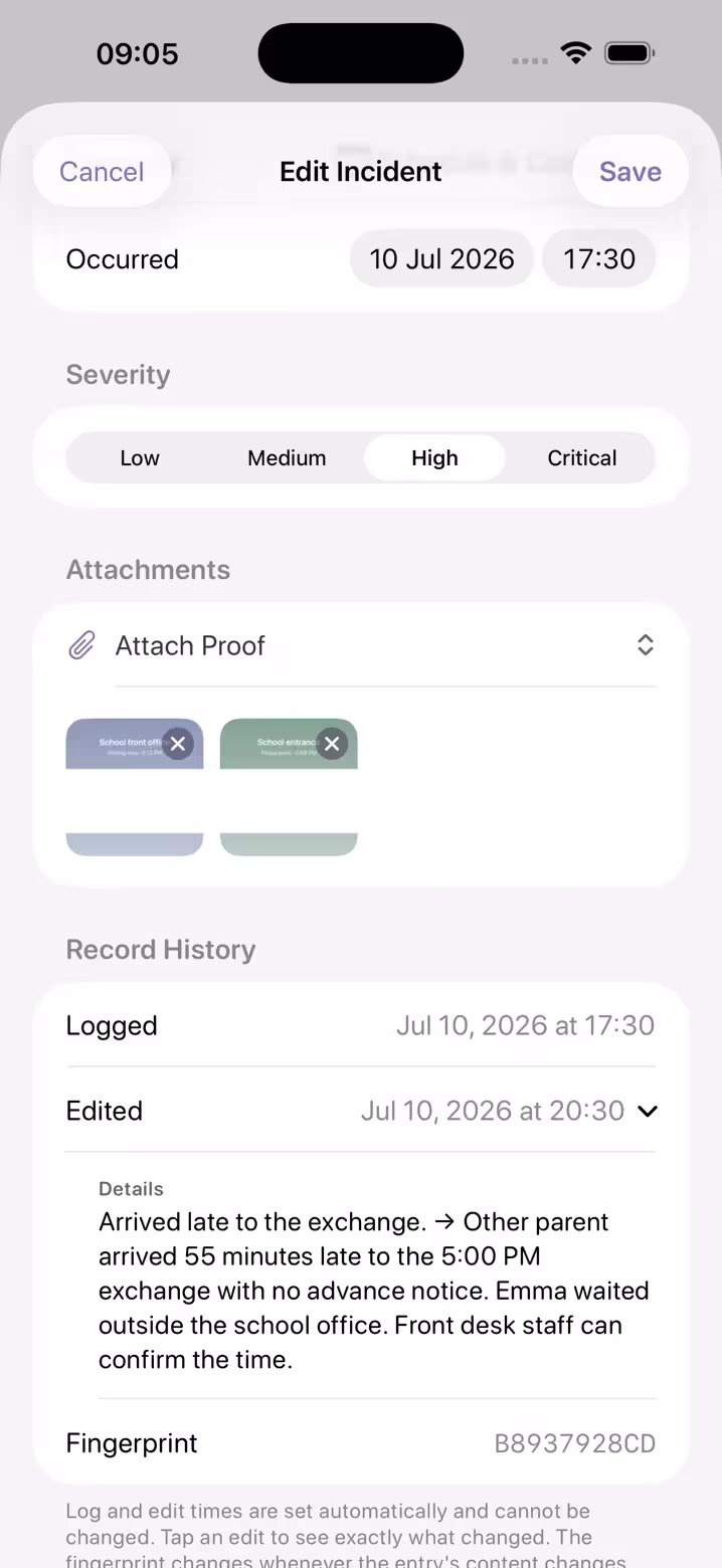 Oya Shield Record History: logged and edited timestamps, exactly what changed in the amendment, and a fingerprint so exports can be compared for tampering